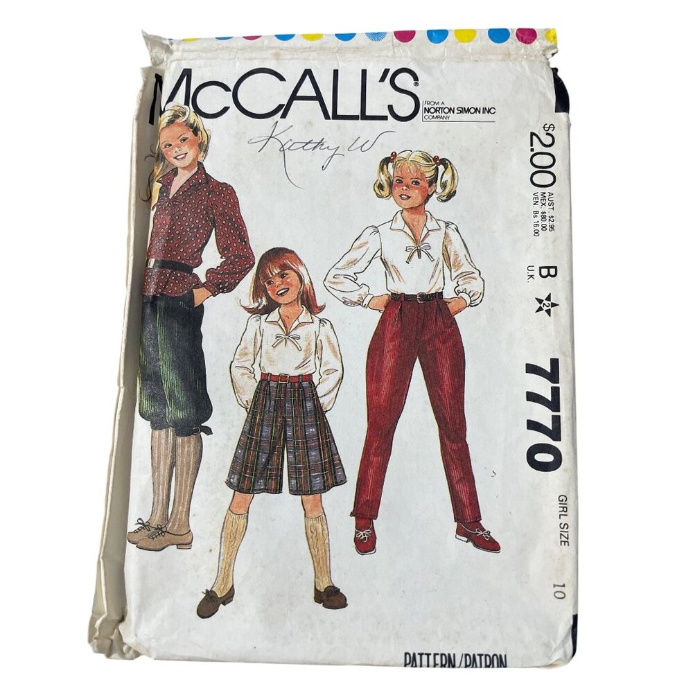 80s McCalls 7770 Pattern Size 10 Girls Top Culottes Knickers Jodhpurs 1980s CUT
